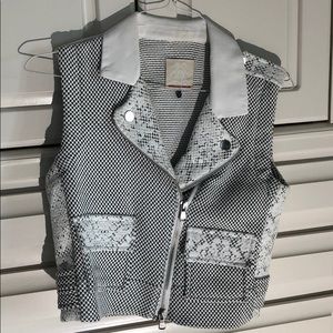 Rebecca Taylor Tweed Leather Trim Moto Vest